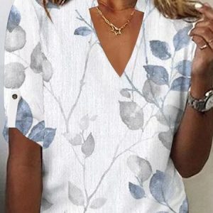 Women's Half Sleeve Tee T-shirt Summer Leaf Buckle V Neck Casual Top, JustFashionNow T-Shirts, color:Blue|size:XXL,