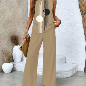Women's Geometric Printing Two-Piece Set Daily Sleeveless Casual Summer Top With Pants Matching Set, JustFashionNow Suit Set, color:Khaki|size:XXL,