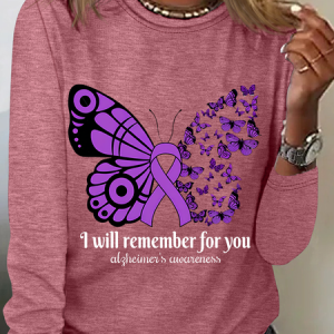 Women's Alzheimer's Awareness Butterfly Print Casual Long Sleeve Shirt, Long sleeves, Lilicloth.com