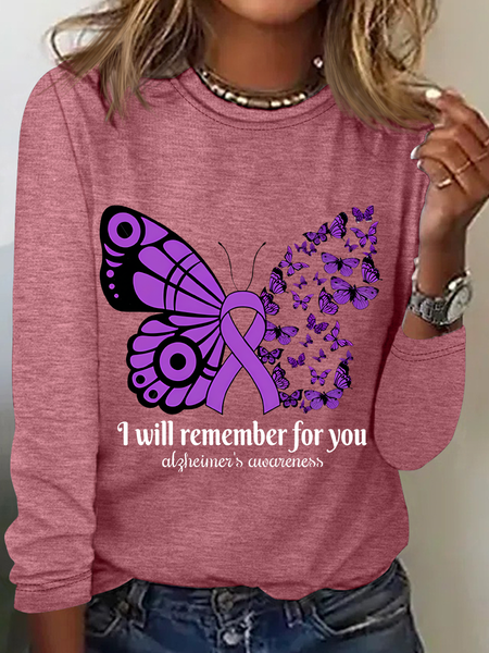 Women's Alzheimer's Awareness Butterfly Print Casual Long Sleeve Shirt, Long sleeves, Lilicloth.com