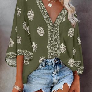 Floral Placement Print Deep V Neck Three Quarters Sleeve Blouse Casual Asymmetrical Hem Loose Fit Top, women Blouses & Shirts, ChicMe catalog
