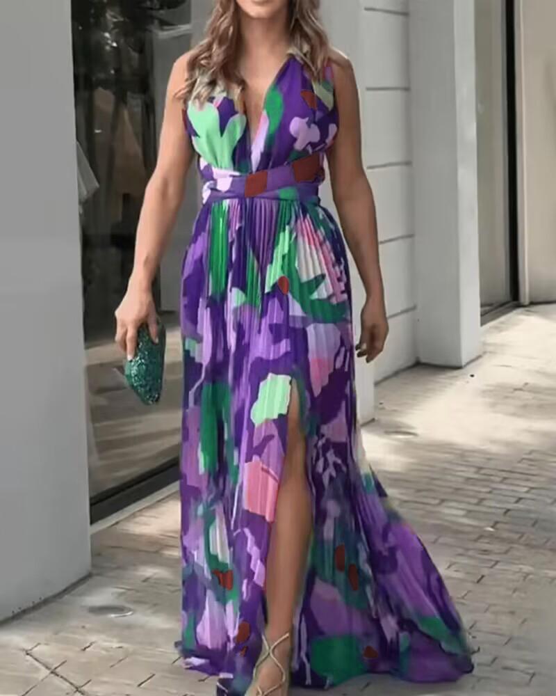 All Over Print Ruched Slit Tied Detail Maxi Dress, women Maxi Dresses, ChicMe catalog - Image 2