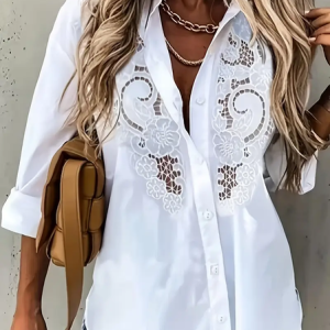 Women Floral Long Sleeve Shirt Spring/Fall Printing Shirt Collar Daily Casual Top, JustFashionNow Shirts, color:White|size:XXL,