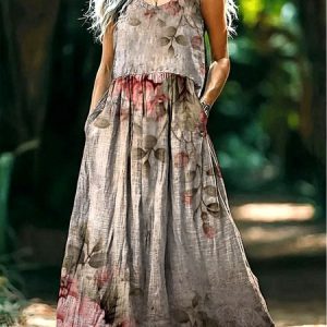 Women Floral V Neck Sleeveless Comfy Casual Maxi Dress, Maxi, color:Light Brown|size:4XL, catalog Noracora shop