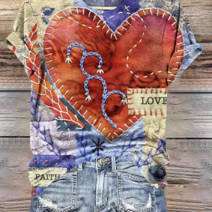 Casual Vintage Heart Pattern Print V Neck Short Sleeve T-shirt, T-shirts, color:Blue|size:4XL, catalog Noracora shop