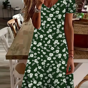 Women's Floral Short Sleeve Summer Printing Dress V Neck Daily Casual Knee Length T-Shirt Dress H-Line Dress, JustFashionNow Casual Dresses, color:Green|size:XXL,