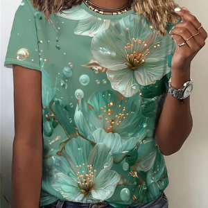 Women's Floral Short Sleeve Tee T-shirt Crew Neck Printing Casual Summer Graphic Tee Top, JustFashionNow T-Shirts, color:Green|size:XXL