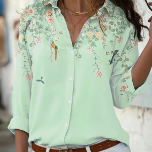 Women's Floral Long Sleeve Shirt Spring/Fall Printing Shirt Collar Daily Casual Top, JustFashionNow Shirts, color:Green|size:XXL,
