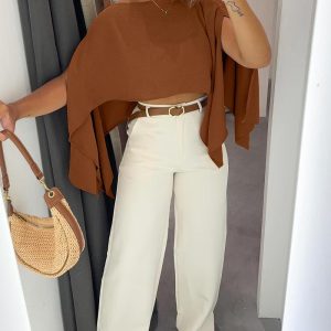 Solid Color Off Shoulder Split Sleeve Versatile Crop Blouse with Elastic Hem Bandeau Top, women Blouses & Shirts, ChicMe catalog