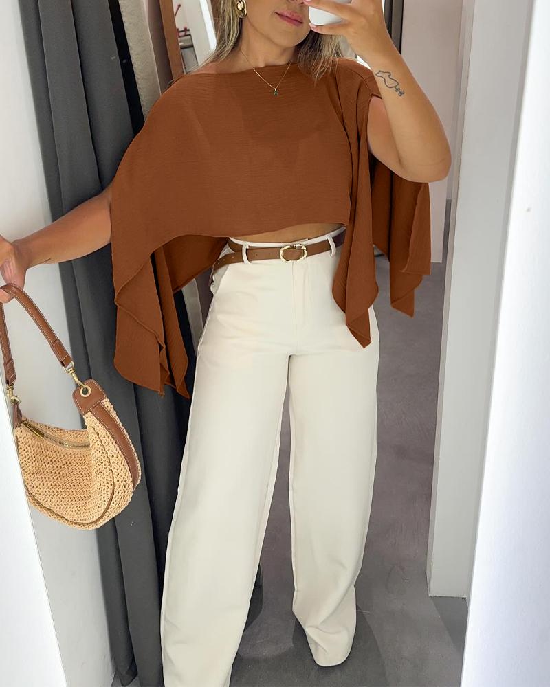 Solid Color Off Shoulder Split Sleeve Versatile Crop Blouse with Elastic Hem Bandeau Top, women Blouses & Shirts, ChicMe catalog