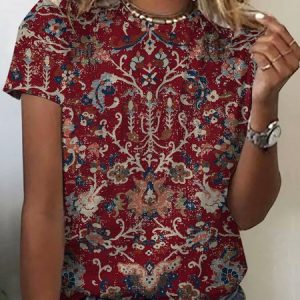Women's Short Sleeve Tee T-shirt Summer Ethnic Crew Neck Casual Top, JustFashionNow T-Shirts, color:Wine Red|size:XXL,