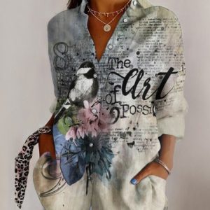 Shirt Collar Long Sleeve Floral Regular Micro-Elasticity Regular Fit Shirt For Women, Shirts, color:Apricot|size:4XL, catalog Noracora shop