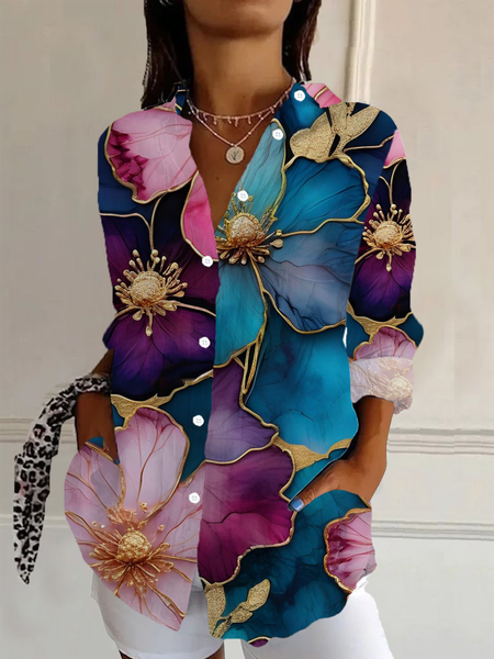 Women's Long Sleeve Shirt Spring/Fall As Picture Floral Buckle Shirt Collar Daily Going Out Casual Top, Blouses, Lilicloth.com - Image 9