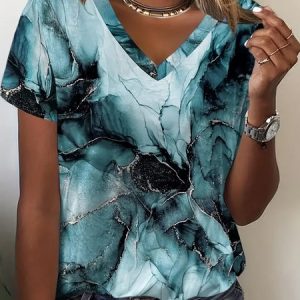 Women's Short Sleeve Tee T-shirt Summer Abstract V Neck Casual Top, JustFashionNow T-Shirts, color:Blue|size:XXL,
