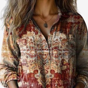 Women's Long Sleeve Shirt Spring/Fall Ethnic Shirt Collar Holiday Going Out Casual Top, JustFashionNow Shirts, color:Wine Red|size:XXL,