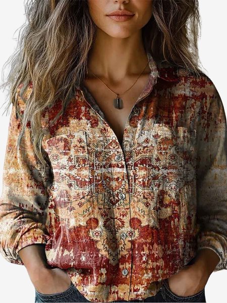 Women's Long Sleeve Shirt Spring/Fall Ethnic Shirt Collar Holiday Going Out Casual Top, JustFashionNow Shirts, color:Wine Red|size:XXL,