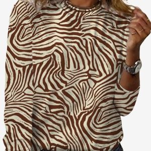 Women's Long Sleeve Tee T-shirt Spring/Fall Zebra Jersey Crew Neck Daily Going Out Casual Top, JustFashionNow T-Shirts, color:Brown|size:XXL,