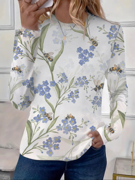 Women's Floral Long Sleeve Tee T-shirt Crew Neck Printing Casual Spring/Fall Graphic Tee Top, JustFashionNow T-Shirts, color:White|size:XXL - Image 2
