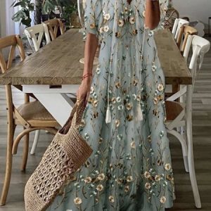 Women Floral V Neck Half Sleeve Comfy Casual Maxi Dress, Dresses, color:Blue|size:3XL, catalog Noracora shop