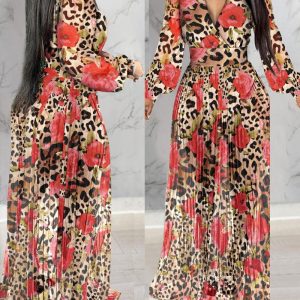 Leopard Floral Print Lantern Sleeve Sheer V-Neck Pleated Maxi Dress Elegant Evening Dress, women Maxi Dresses, ChicMe catalog
