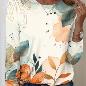 Casual Floral Print Crew Neck Cotton T-Shirt, Long sleeves, Lilicloth.com