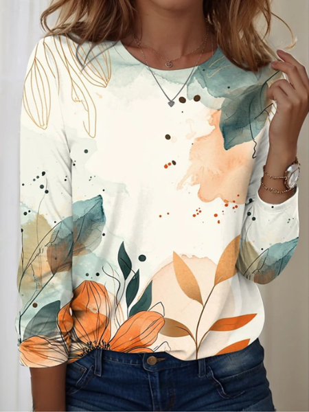 Casual Floral Print Crew Neck Cotton T-Shirt, Long sleeves, Lilicloth.com
