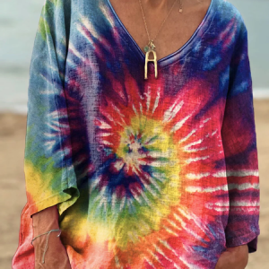Casual Tie Dye V Neck Long Sleeve T-shirt, T-shirts, color:As Picture|size:4XL, catalog Noracora shop