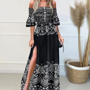 Tribal Print Off Shoulder Shirred Maxi Dress Bell Sleeve Split Flowy Dress, women Maxi Dresses, ChicMe catalog