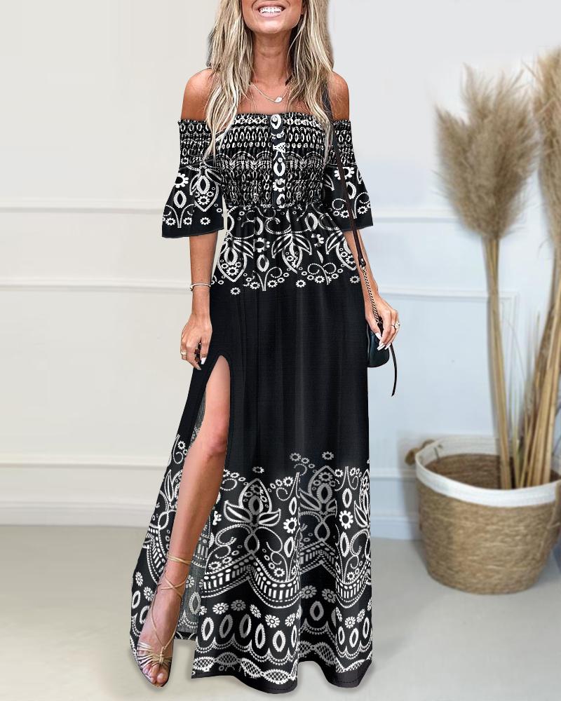 Tribal Print Off Shoulder Shirred Maxi Dress Bell Sleeve Split Flowy Dress, women Maxi Dresses, ChicMe catalog