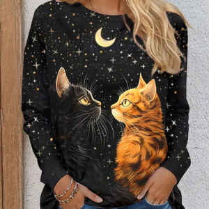 Women's Long Sleeve Tee T-shirt Spring/Fall Cat Jersey Crew Neck Daily Going Out Casual Top, JustFashionNow T-Shirts, color:Black|size:XXL,
