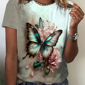 Women's Floral Butterfly Spring Print Casual Round Neck Short Sleeve T-Shirt, T-shirts, Lilicloth.com