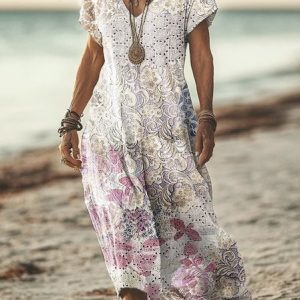 Women Floral V Neck Short Sleeve Comfy Casual Maxi Dress, Maxi, color:Apricot|size:4XL, catalog Noracora shop