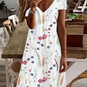 Women Floral V Neck Short Sleeve Comfy Casual Printing Knee Length Dress, Dresses, color:White|size:XXL, catalog Noracora shop