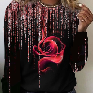 Women's Long Sleeve Tee T-shirt Spring/Fall Floral Printing Crew Neck Casual Top, JustFashionNow T-Shirts, color:Black|size:3XL,