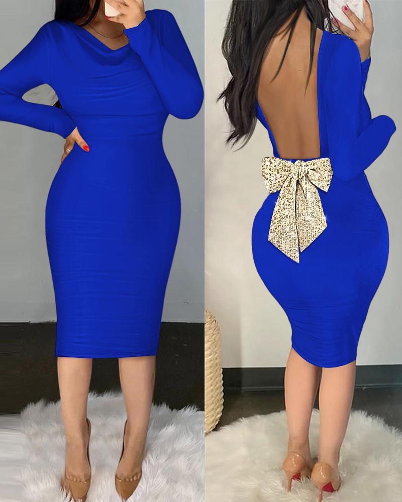 Sparkly Sequin Bowknot Decor Cowl Neck Long Sleeve Bodycon Dress Backless Party Dress, women Bodycon Dresses, ChicMe catalog - Image 2