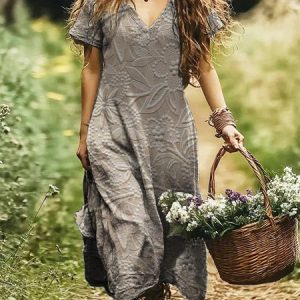 Women Geometric V Neck Short Sleeve Comfy Casual Maxi Dress, Maxi, color:Taupe|size:4XL, catalog Noracora shop