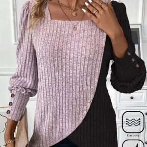 Women's Long Sleeve Tee T-shirt Spring/Fall Plain Buckle Square Neck Daily Going Out Casual Top, JustFashionNow T-Shirts, color:Black-pink|size:XXL,