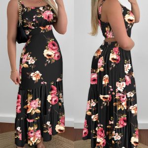Floral Print Spaghetti Strap Waist Hollow Out Maxi Dress Casual Ruched Ruffle Hem Dress, women Print Dresses, ChicMe catalog