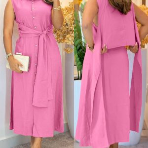Turn-down Collar Sleeveless Button Front Shirt Dress Casual Open Back Tied Detail Commuting Dress, women Midi Dresses, ChicMe catalog
