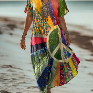 Women's Hippie Short Sleeve Summer Printing Dress V Neck Daily Casual Maxi T-Shirt Dress H-Line Dress, JustFashionNow Casual Dresses, color:As Picture|size:4XL,