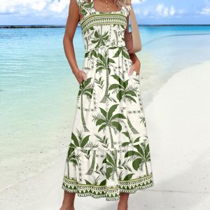 Floral Print Ruffles Shirred Waist Maxi Dress with Pockets Casual Flowy A Line Vacation Dress, women Maxi Dresses, ChicMe catalog