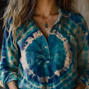 Women's Vintage Art Tie-Dye Printed Cotton and Linen Long Sleeve Shirt, Blouses, Lilicloth.com