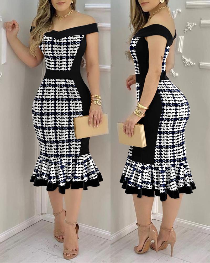 Houndstooth Print Off Shoulder Bodycon Dress Ruffle Hem Vintage Mid-length Dress, women Bodycon Dresses, ChicMe catalog - Image 3