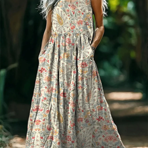 Women's Floral Sleeveless Summer Printing Dress Crew Neck Daily Casual Maxi Tank H-Line Dress, JustFashionNow Casual Dresses, color:As Picture|size:4XL,