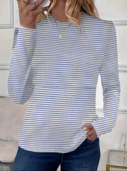 Women's Striped Long Sleeve Tee T-shirt Crew Neck Printing Casual Spring/Fall Top, JustFashionNow T-Shirts, color:Blue|size:XXL,