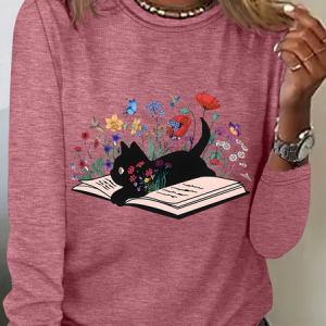 Cute Floral Cat Casual Long Sleeve Shirt, Long sleeves, Lilicloth.com