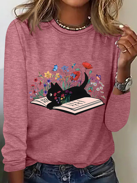 Cute Floral Cat Casual Long Sleeve Shirt, Long sleeves, Lilicloth.com