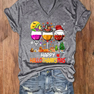Women's Happy Hallothanksmas Wine Print V-Neck T-Shirt, T-shirts, Lilicloth.com