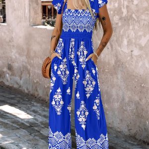 Floral Print Ruffles Strap Shirred Jumpsuit Casual Pocket Design Boho Romper, women Jumpsuits, ChicMe catalog