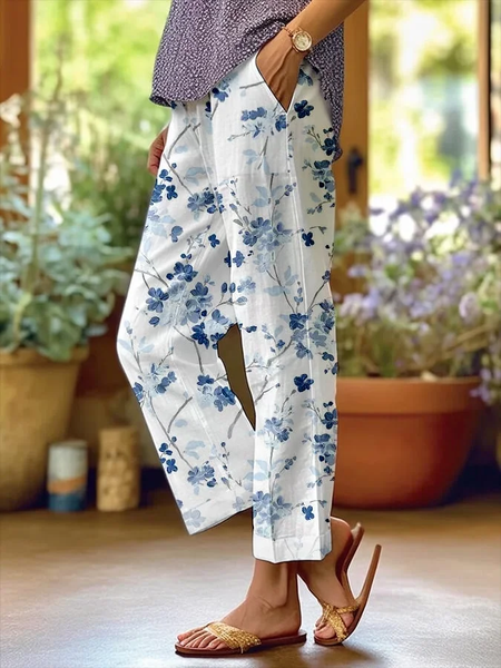 Women's Straight Pants Daily Going Out Pants White Casual Printing Floral Spring/Fall Pants, Pants, Lilicloth.com - Image 2